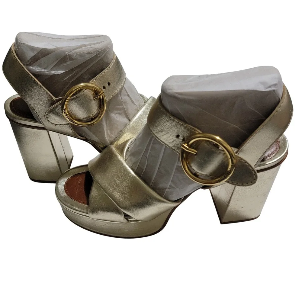 See By Chloe Gold Metallic Leather Platform Block Heel Sandals Sz 40 NWOB Party